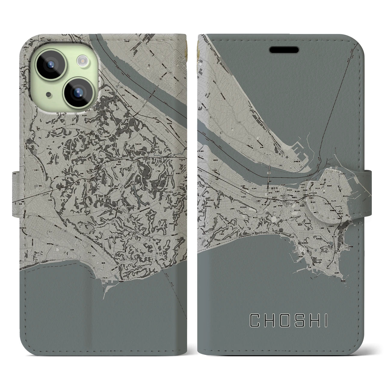 【銚子(千葉県)】地図柄iPhoneケース(手帳タイプ)モノトーン・iPhone 15 用