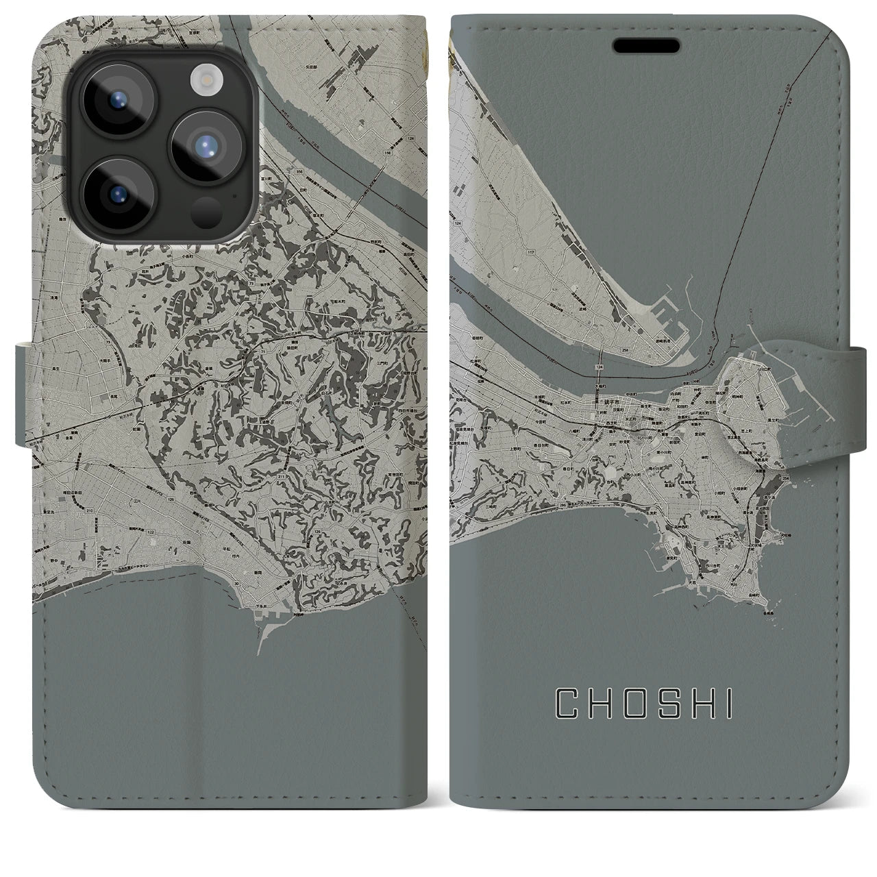 【銚子(千葉県)】地図柄iPhoneケース(手帳タイプ)モノトーン・iPhone 15 Pro Max 用