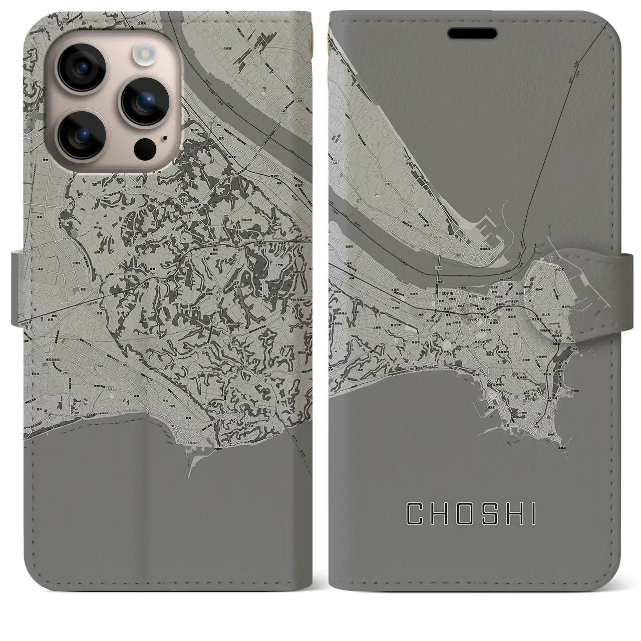 【銚子(千葉県)】地図柄iPhoneケース(手帳タイプ)モノトーン・iPhone 16 Plus 用