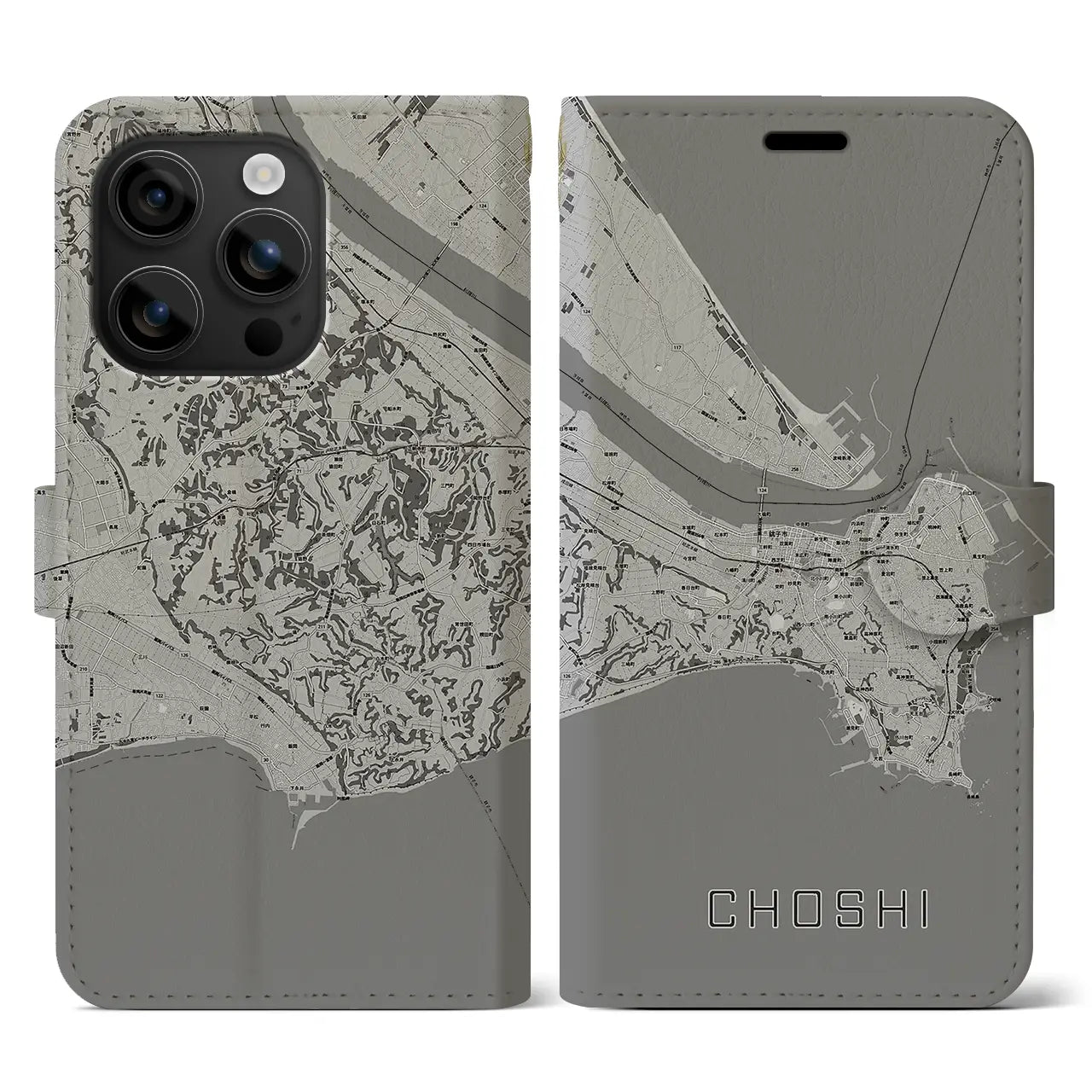 【銚子(千葉県)】地図柄iPhoneケース(手帳タイプ)モノトーン・iPhone 16 用