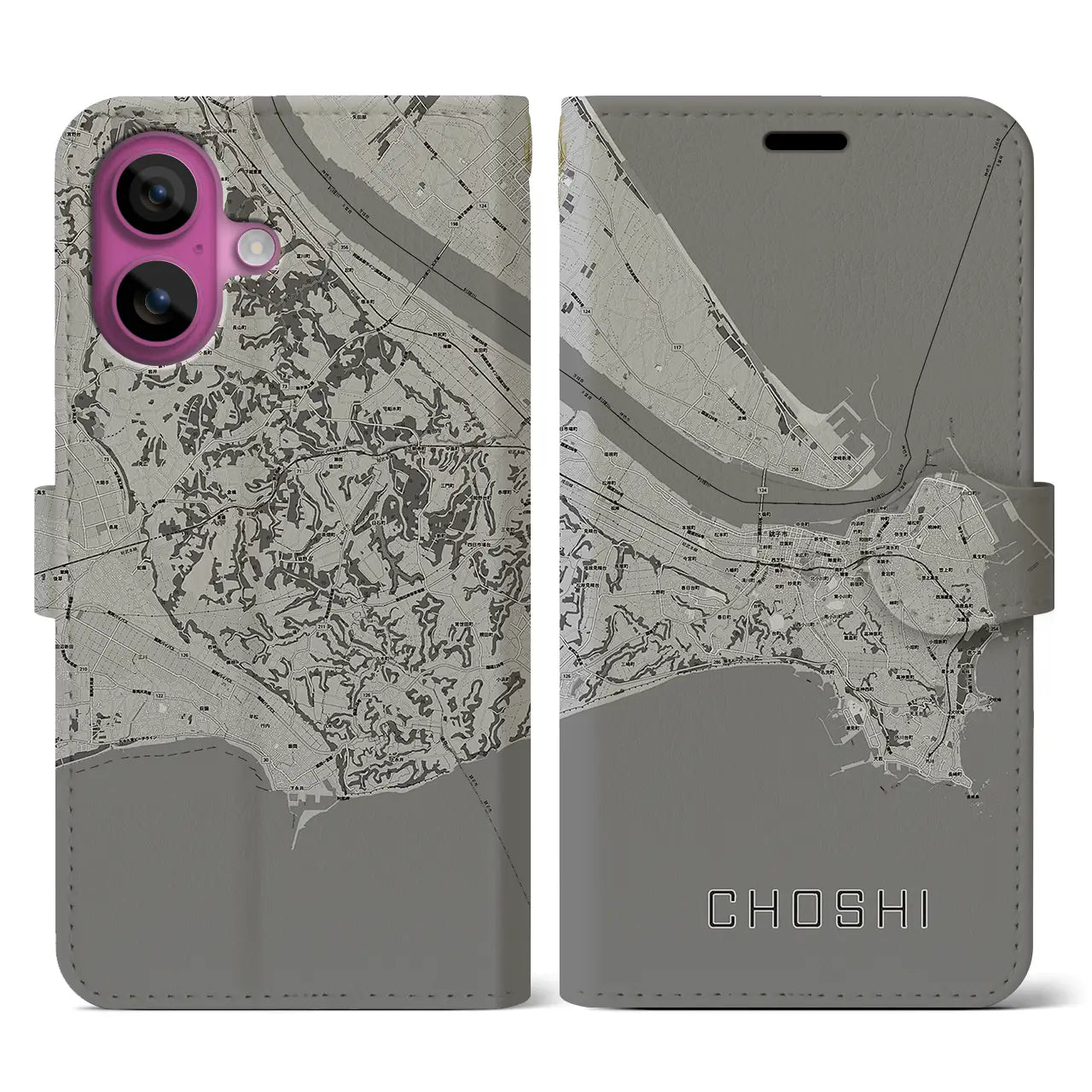 【銚子(千葉県)】地図柄iPhoneケース(手帳タイプ)モノトーン・iPhone 16 Pro 用