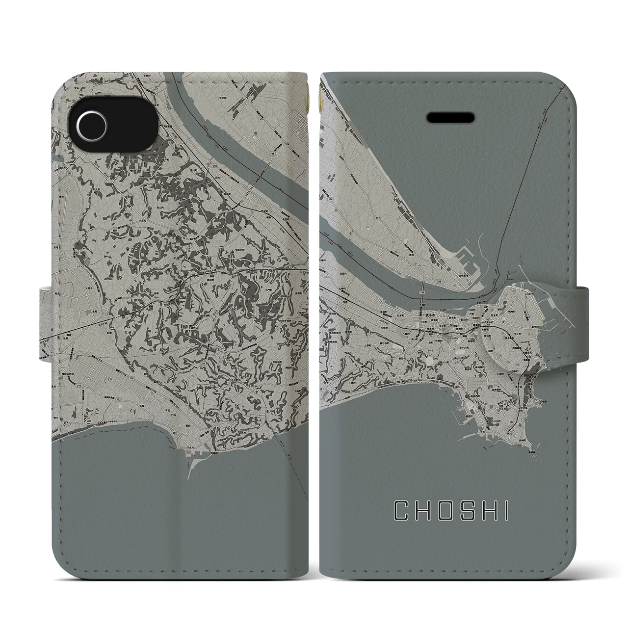 【銚子(千葉県)】地図柄iPhoneケース(手帳タイプ)モノトーン・iPhone SE(第3 / 第2世代) / 8 / 7 / 6s / 6 用