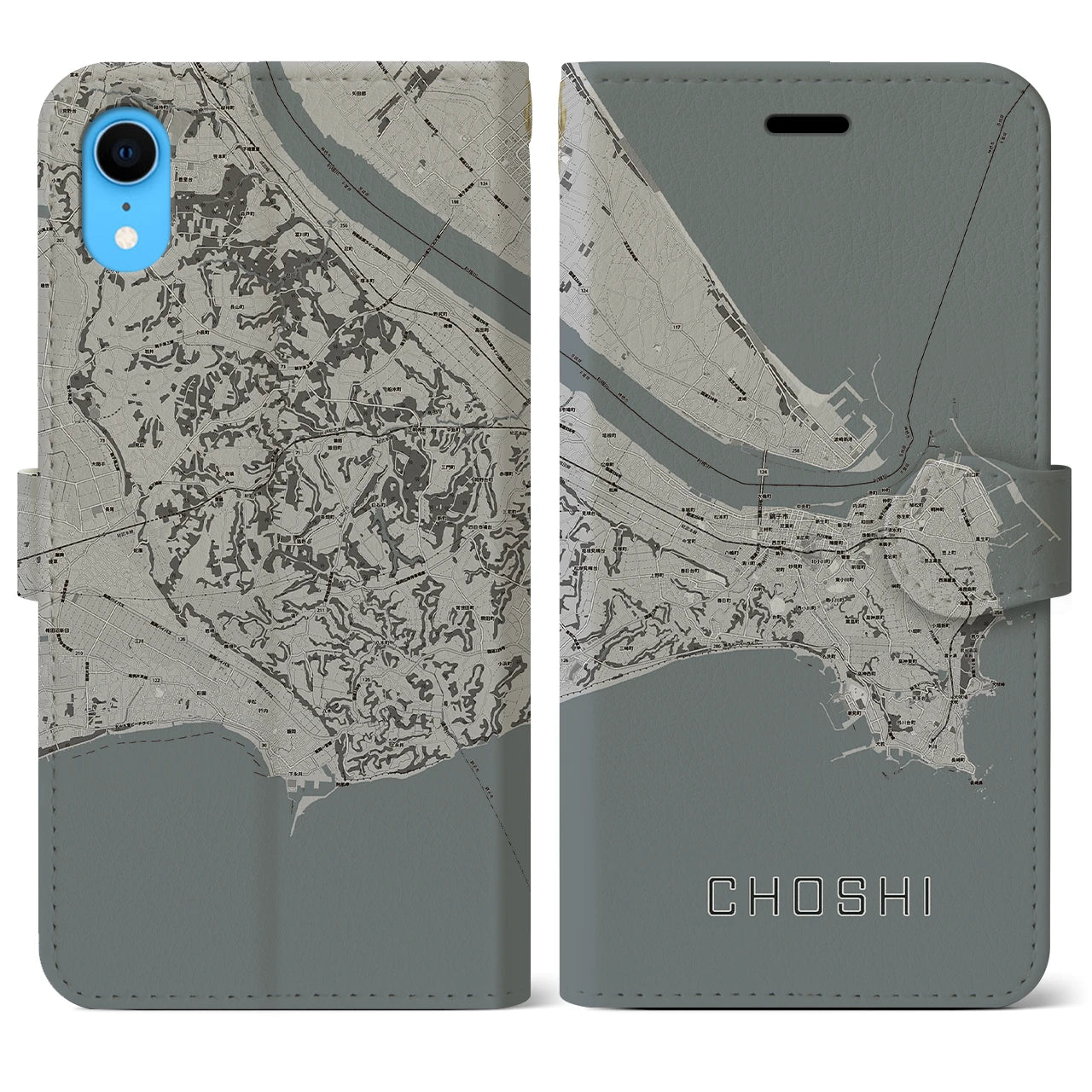 【銚子(千葉県)】地図柄iPhoneケース(手帳タイプ)モノトーン・iPhone XR 用