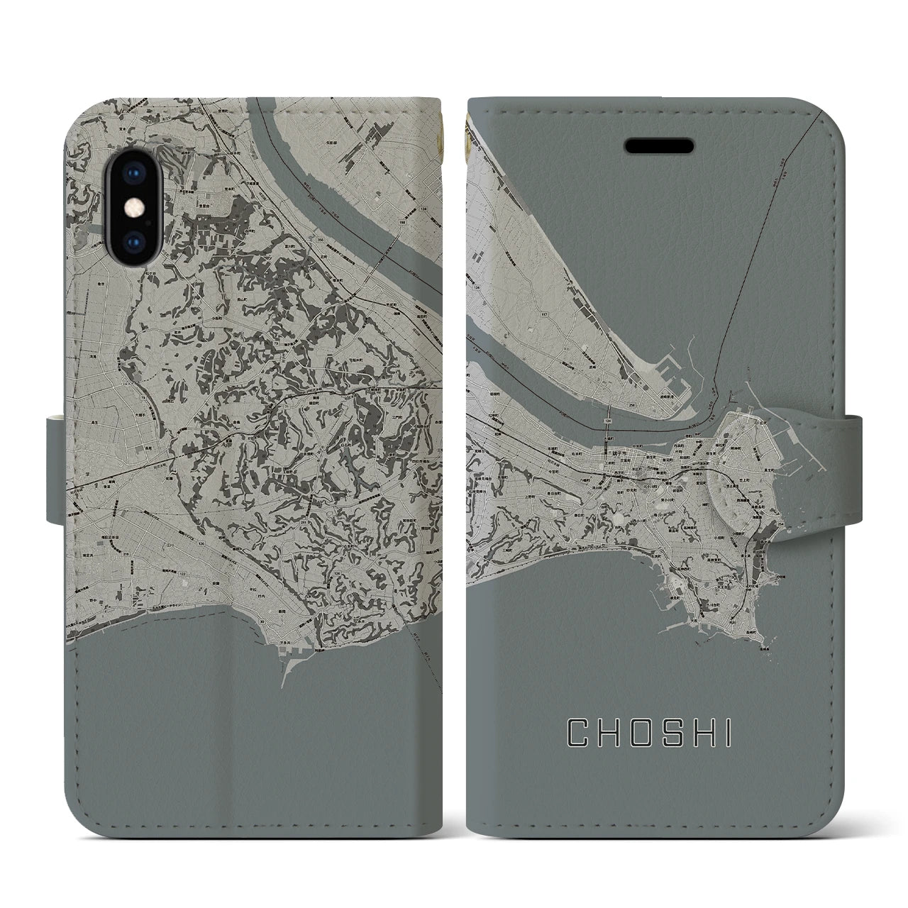 【銚子(千葉県)】地図柄iPhoneケース(手帳タイプ)モノトーン・iPhone XS / X 用