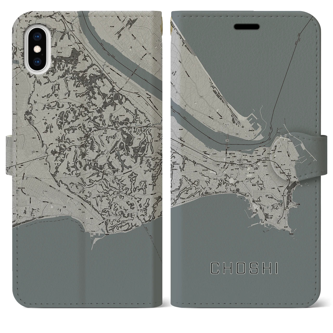 【銚子(千葉県)】地図柄iPhoneケース(手帳タイプ)モノトーン・iPhone XS Max 用