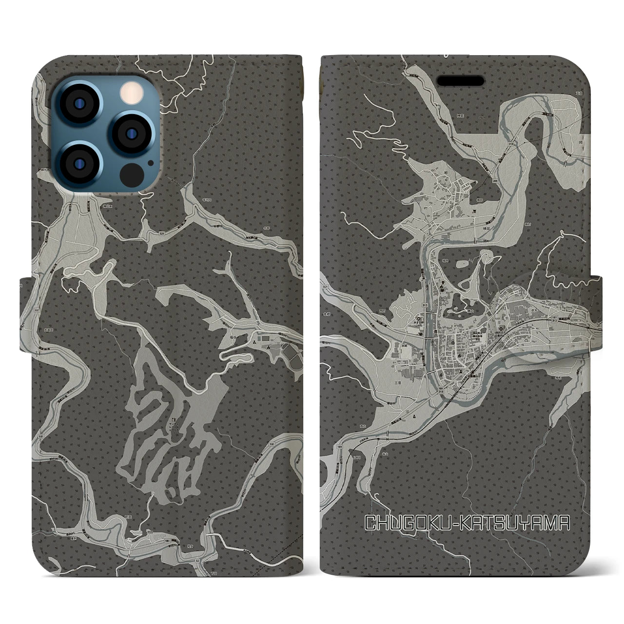 【中国勝山(岡山県)】地図柄iPhoneケース(手帳タイプ)モノトーン・iPhone 12 / 12 Pro 用