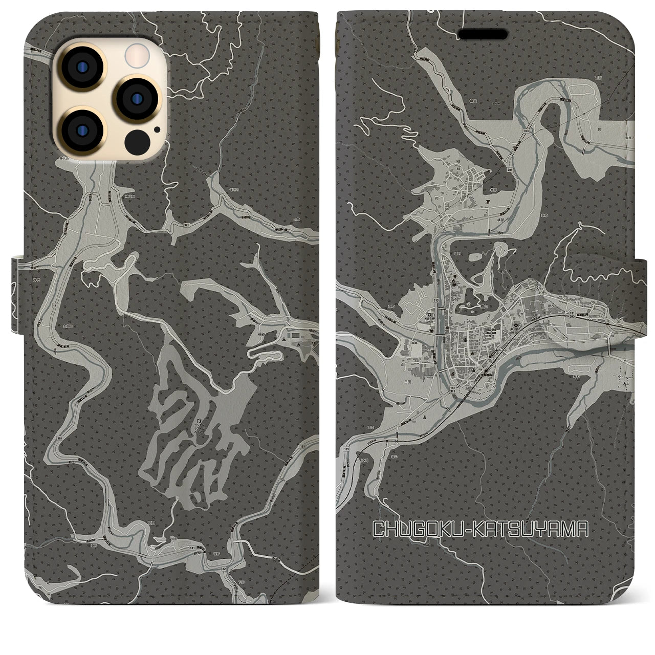 【中国勝山(岡山県)】地図柄iPhoneケース(手帳タイプ)モノトーン・iPhone 12 Pro Max 用