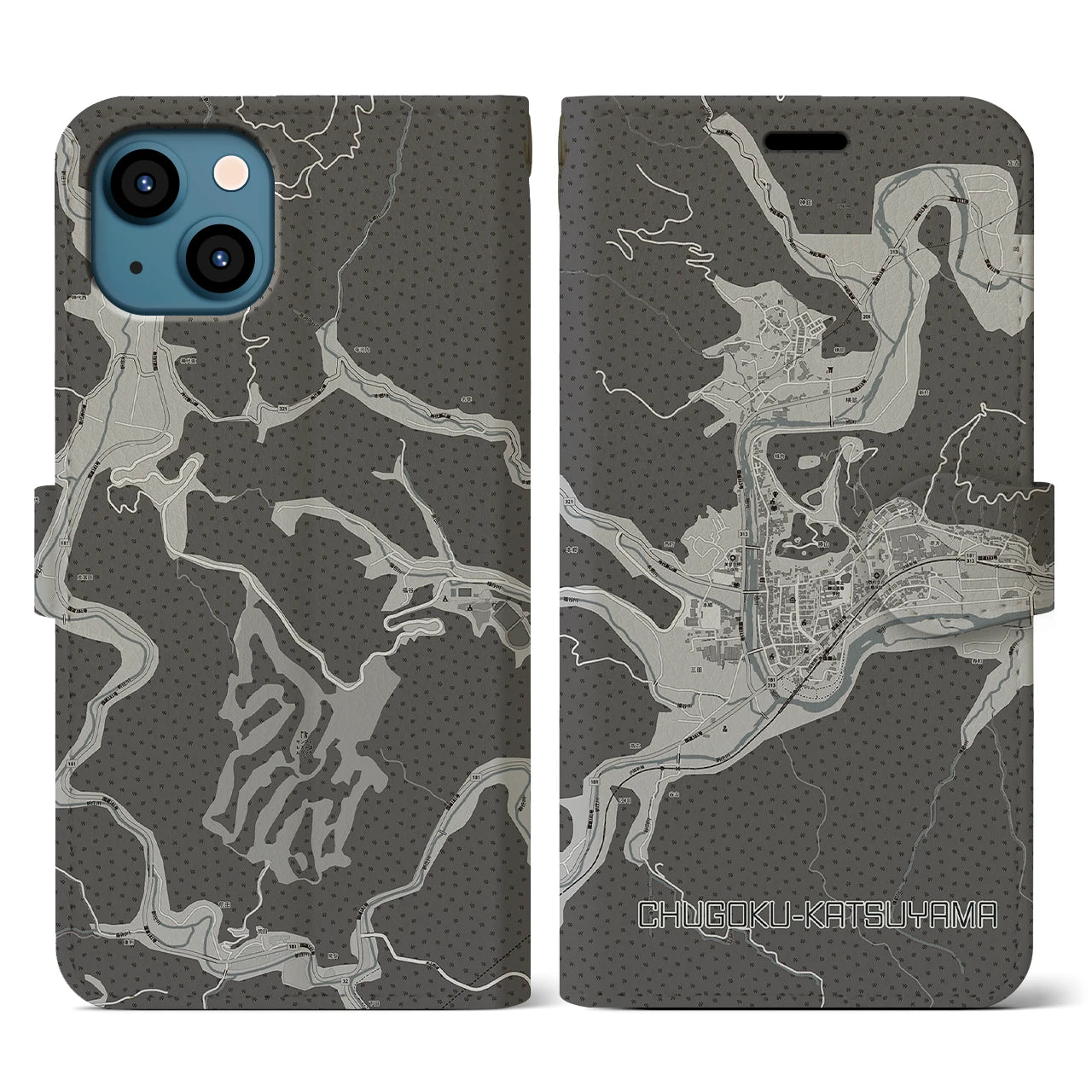 【中国勝山(岡山県)】地図柄iPhoneケース(手帳タイプ)モノトーン・iPhone 13 用