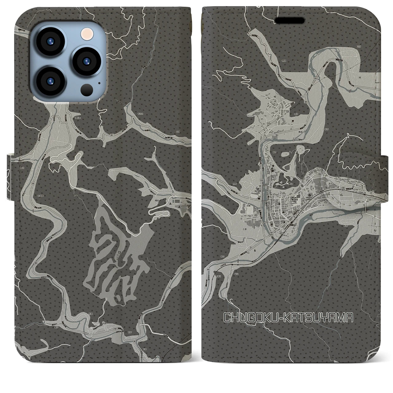 【中国勝山(岡山県)】地図柄iPhoneケース(手帳タイプ)モノトーン・iPhone 13 Pro Max 用