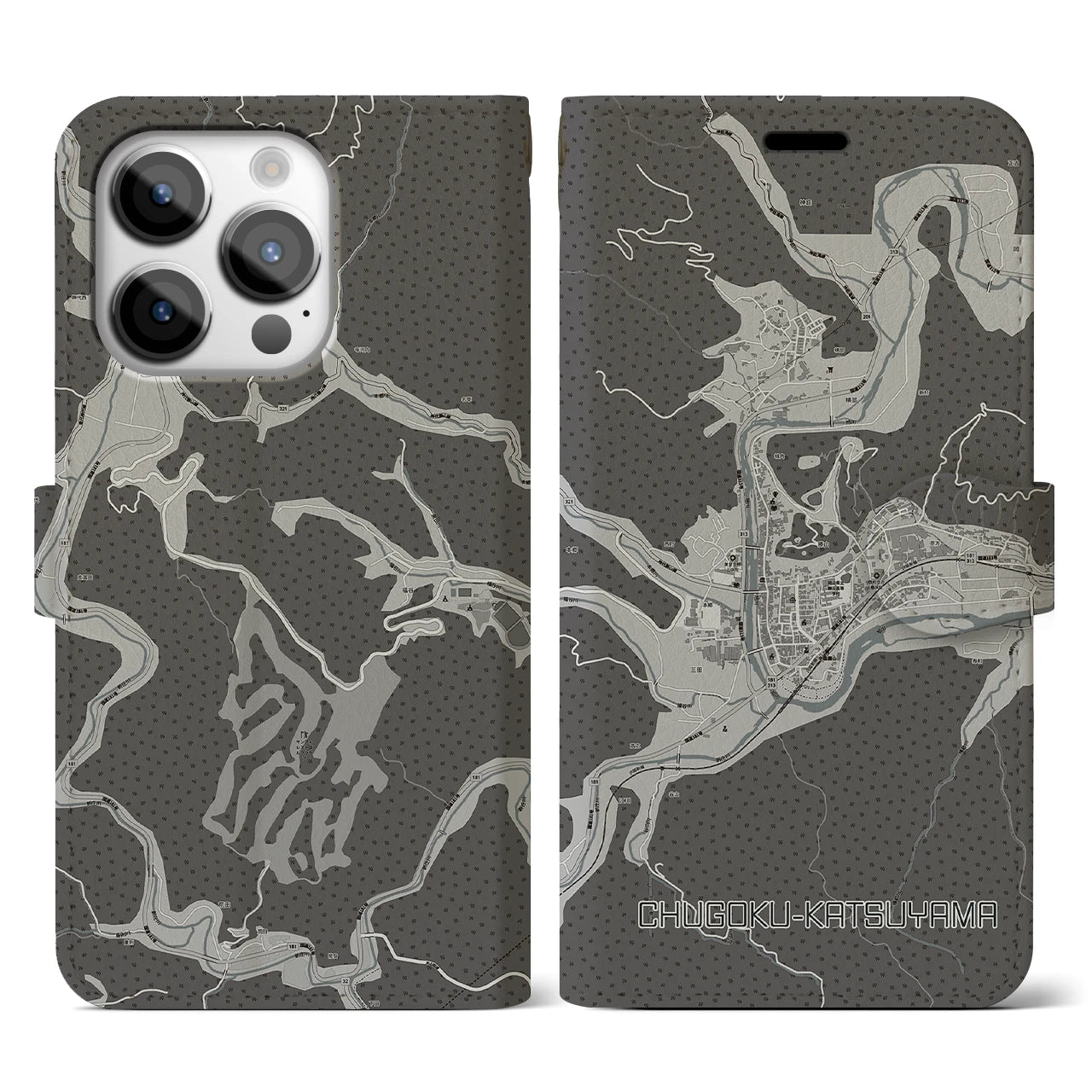 【中国勝山(岡山県)】地図柄iPhoneケース(手帳タイプ)モノトーン・iPhone 14 Pro 用
