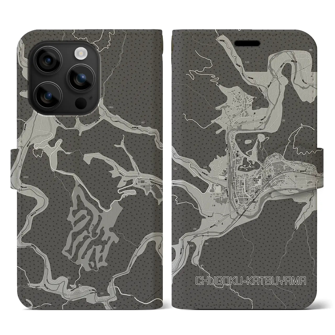 【中国勝山(岡山県)】地図柄iPhoneケース(手帳タイプ)モノトーン・iPhone 16 用