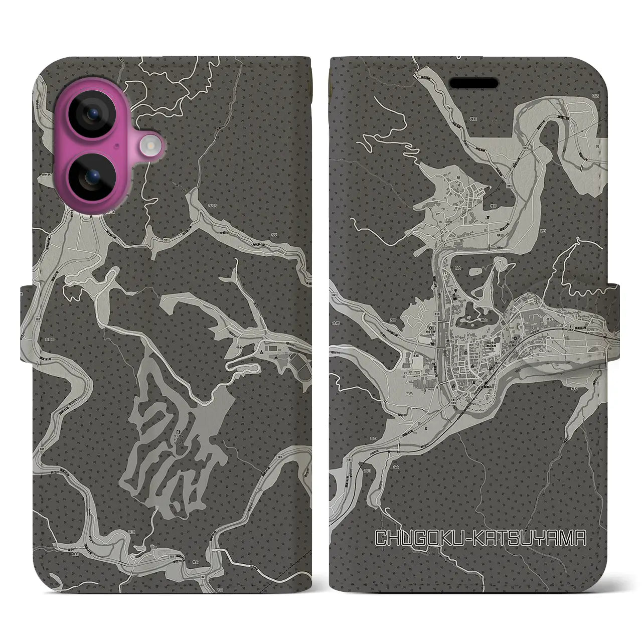 【中国勝山(岡山県)】地図柄iPhoneケース(手帳タイプ)モノトーン・iPhone 16 Pro 用