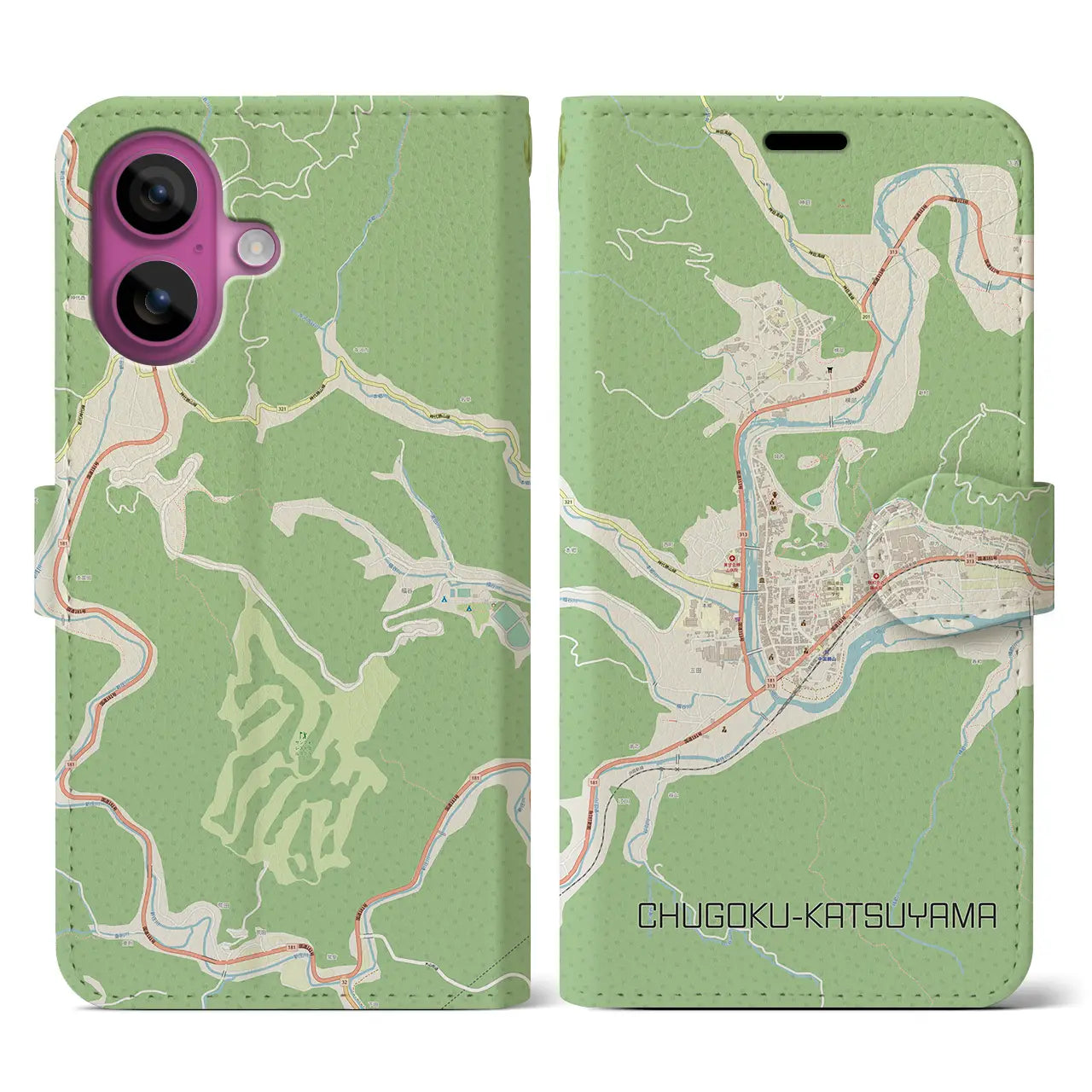 【中国勝山(岡山県)】地図柄iPhoneケース(手帳タイプ)ナチュラル・iPhone 16 Pro 用