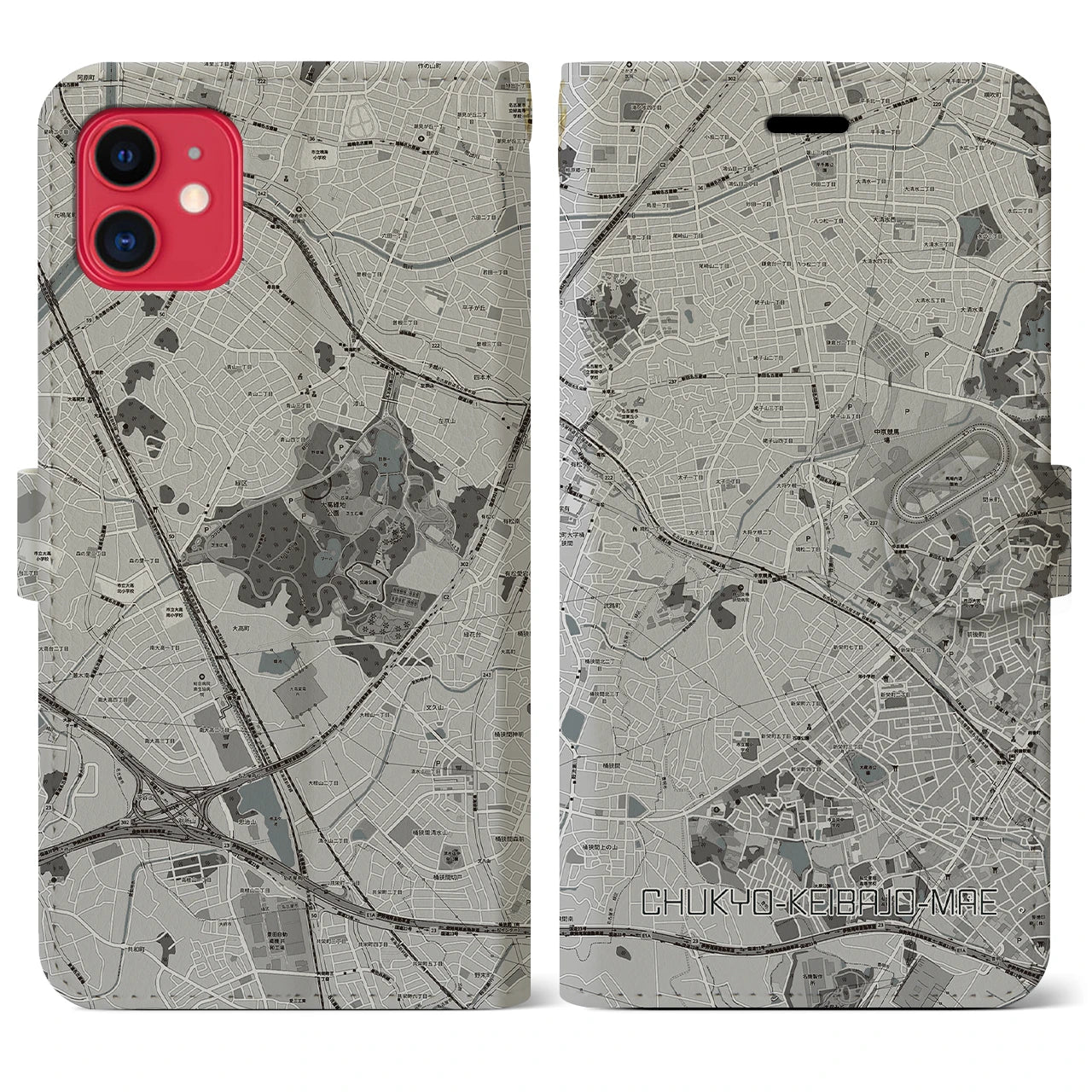 【中京競馬場前(愛知県)】地図柄iPhoneケース(手帳タイプ)モノトーン・iPhone 11 用