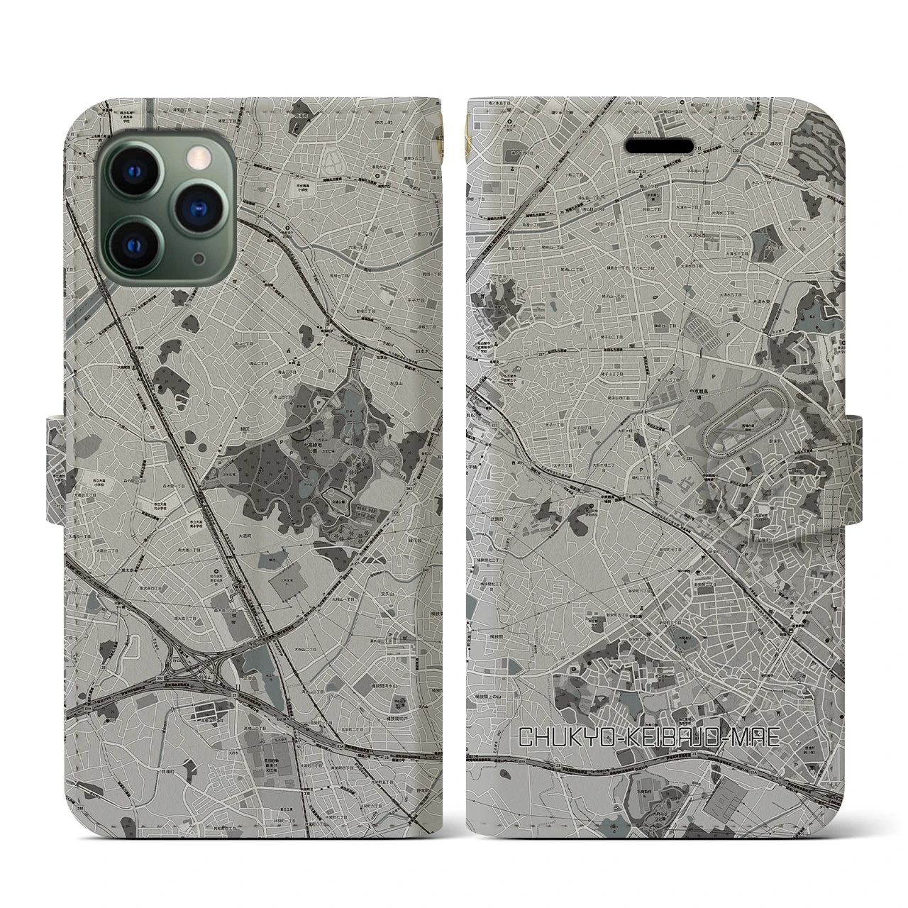 【中京競馬場前(愛知県)】地図柄iPhoneケース(手帳タイプ)モノトーン・iPhone 11 Pro 用