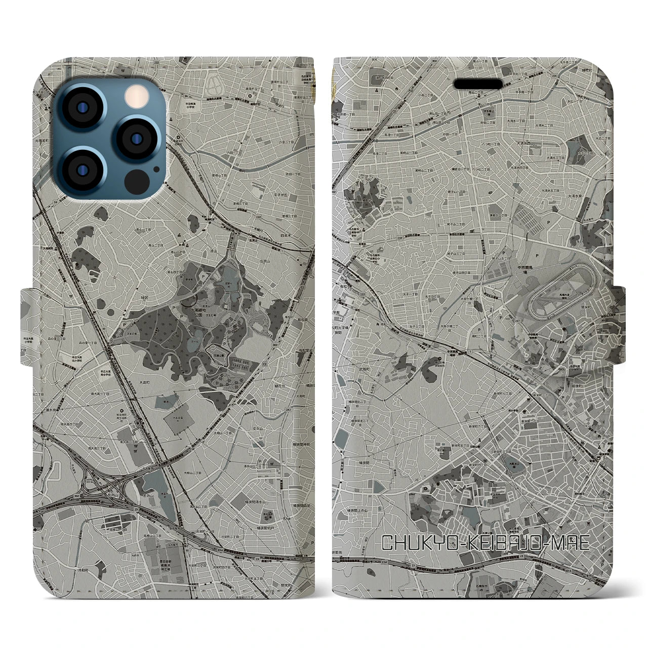 【中京競馬場前(愛知県)】地図柄iPhoneケース(手帳タイプ)モノトーン・iPhone 12 / 12 Pro 用