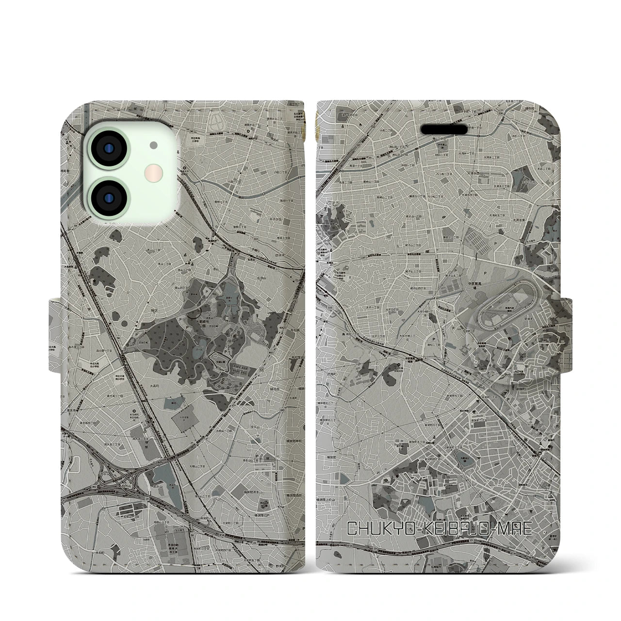【中京競馬場前(愛知県)】地図柄iPhoneケース(手帳タイプ)モノトーン・iPhone 12 mini 用