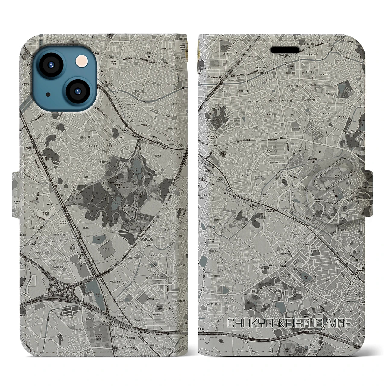 【中京競馬場前(愛知県)】地図柄iPhoneケース(手帳タイプ)モノトーン・iPhone 13 用