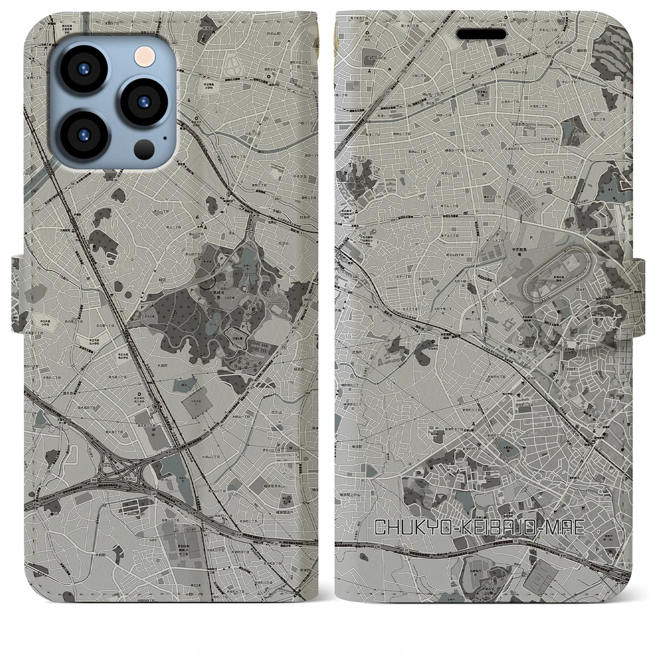 【中京競馬場前(愛知県)】地図柄iPhoneケース(手帳タイプ)モノトーン・iPhone 13 Pro Max 用