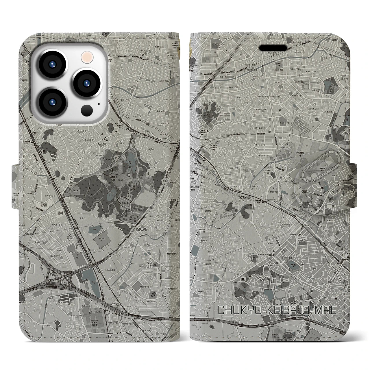 【中京競馬場前(愛知県)】地図柄iPhoneケース(手帳タイプ)モノトーン・iPhone 13 Pro 用