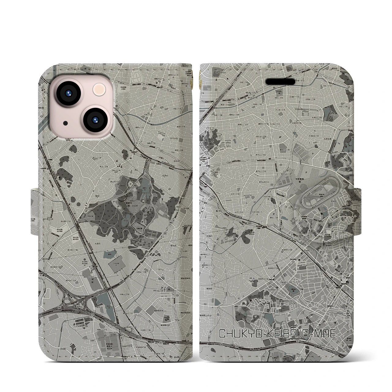 【中京競馬場前(愛知県)】地図柄iPhoneケース(手帳タイプ)モノトーン・iPhone 13 mini 用