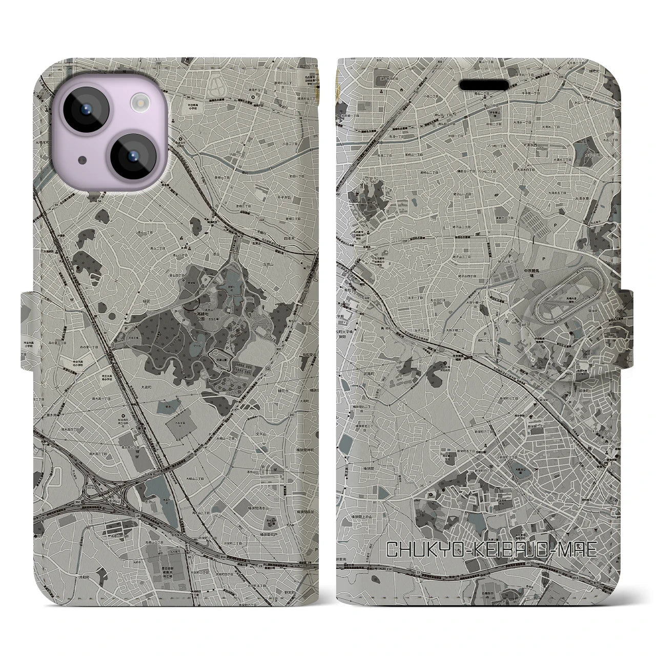 【中京競馬場前(愛知県)】地図柄iPhoneケース(手帳タイプ)モノトーン・iPhone 14 用