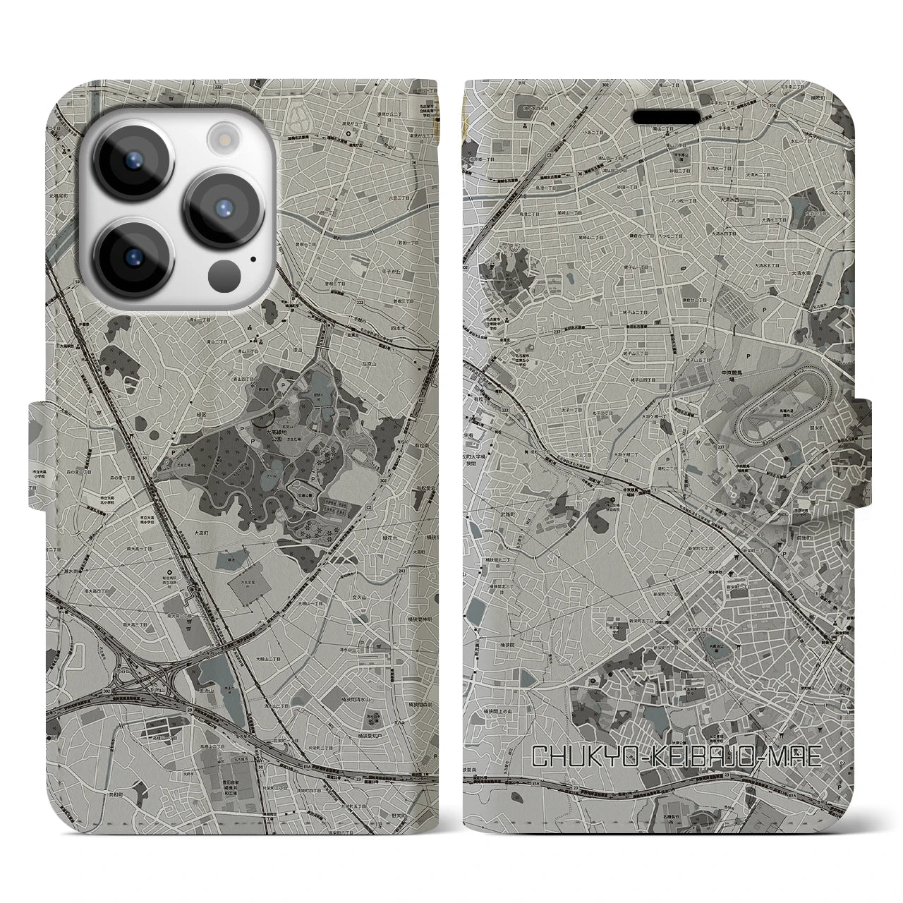【中京競馬場前(愛知県)】地図柄iPhoneケース(手帳タイプ)モノトーン・iPhone 14 Pro 用