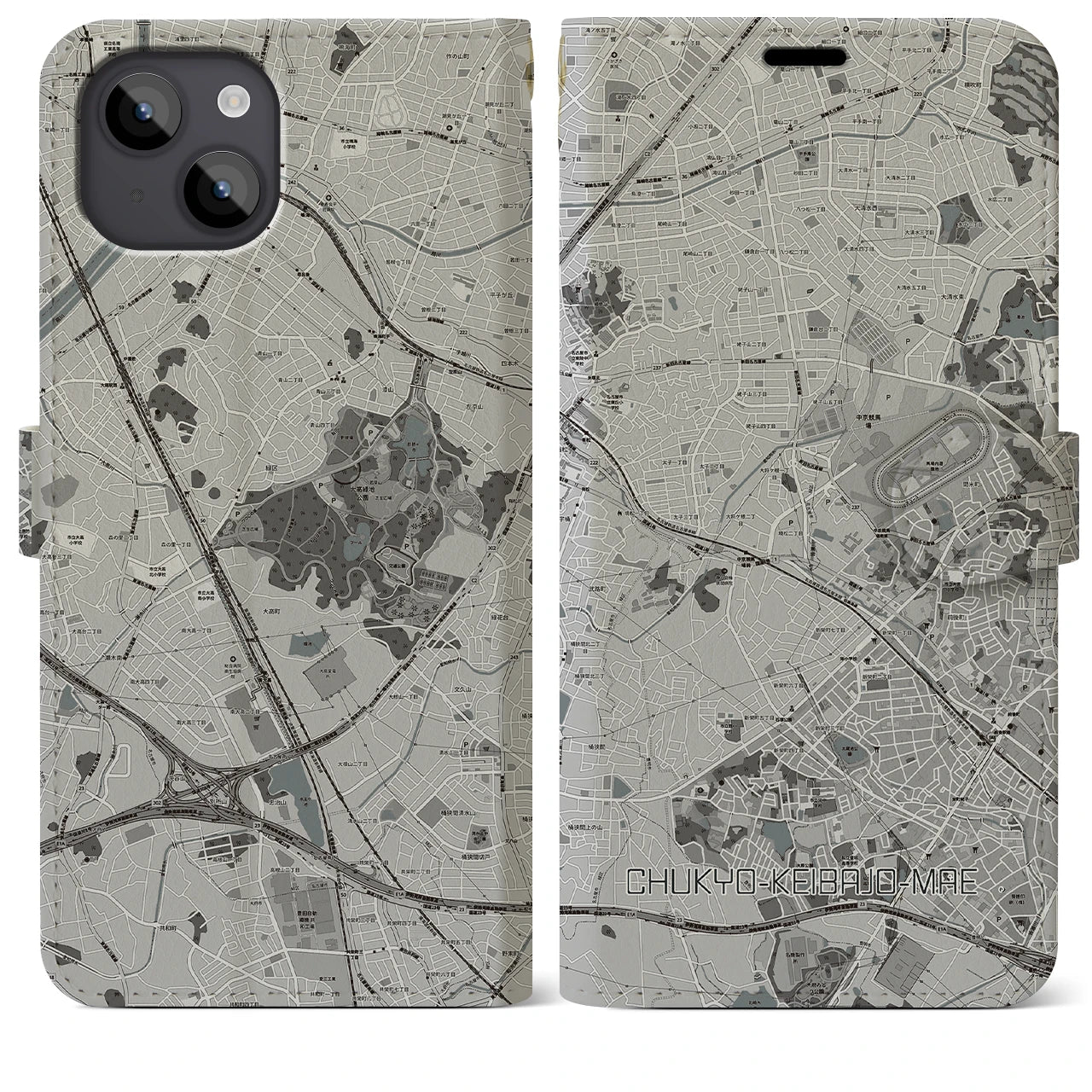 【中京競馬場前(愛知県)】地図柄iPhoneケース(手帳タイプ)モノトーン・iPhone 14 Plus 用