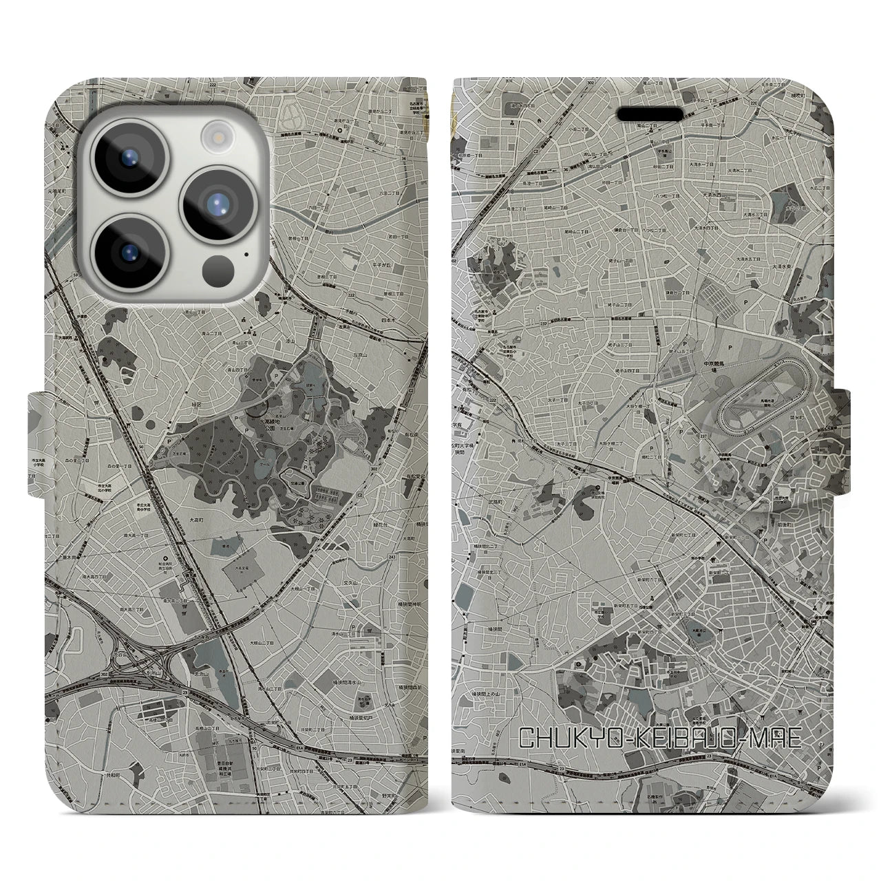【中京競馬場前(愛知県)】地図柄iPhoneケース(手帳タイプ)モノトーン・iPhone 15 Pro 用