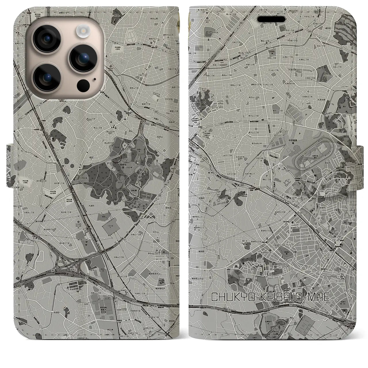 【中京競馬場前(愛知県)】地図柄iPhoneケース(手帳タイプ)モノトーン・iPhone 16 Plus 用