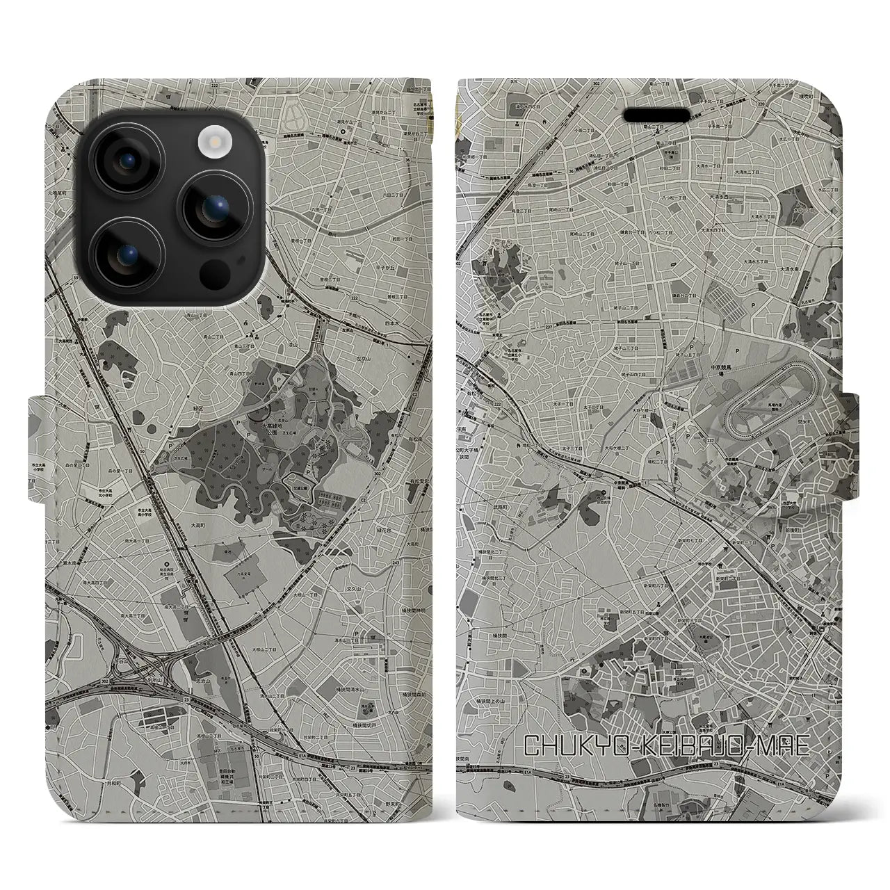 【中京競馬場前(愛知県)】地図柄iPhoneケース(手帳タイプ)モノトーン・iPhone 16 用