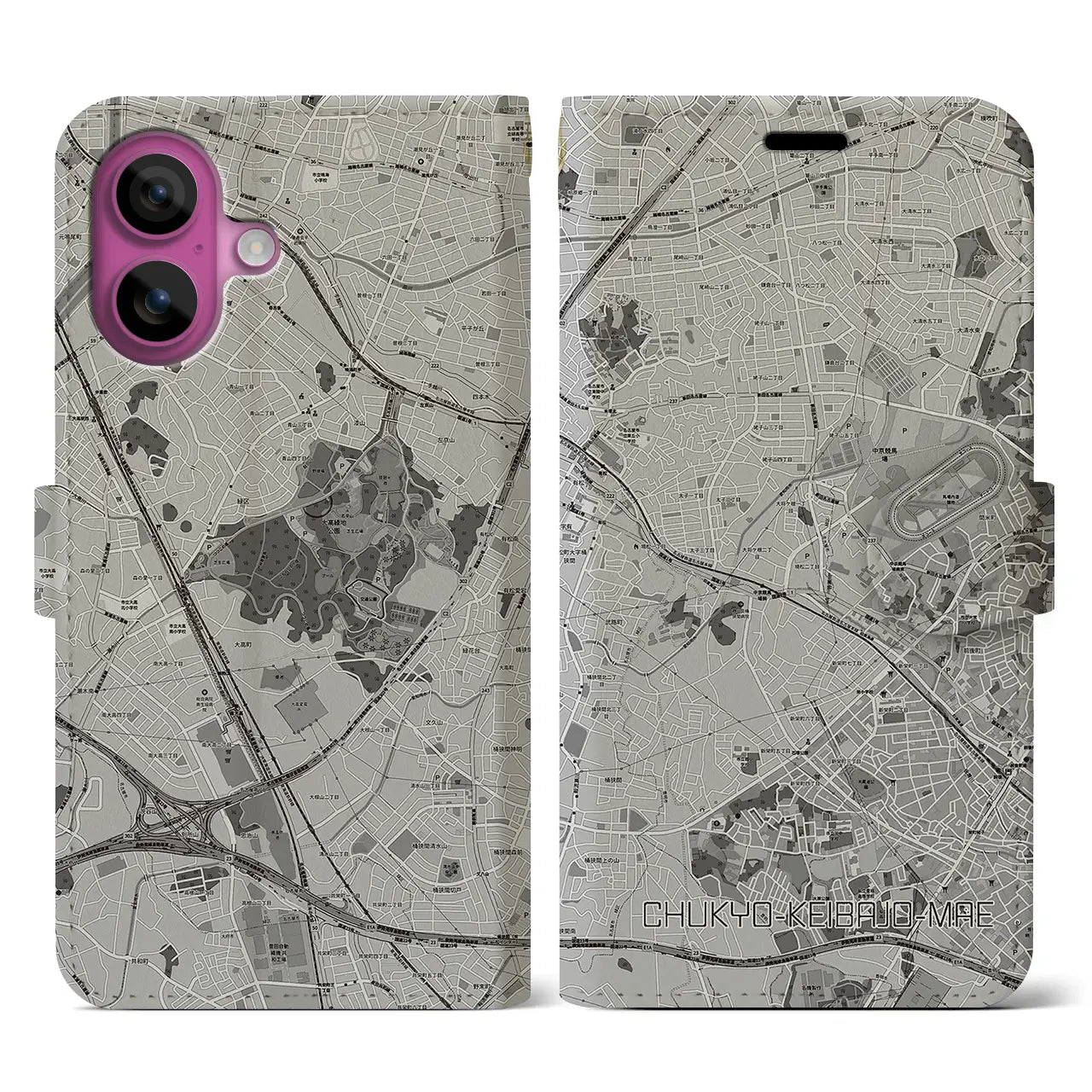 【中京競馬場前(愛知県)】地図柄iPhoneケース(手帳タイプ)モノトーン・iPhone 16 Pro 用