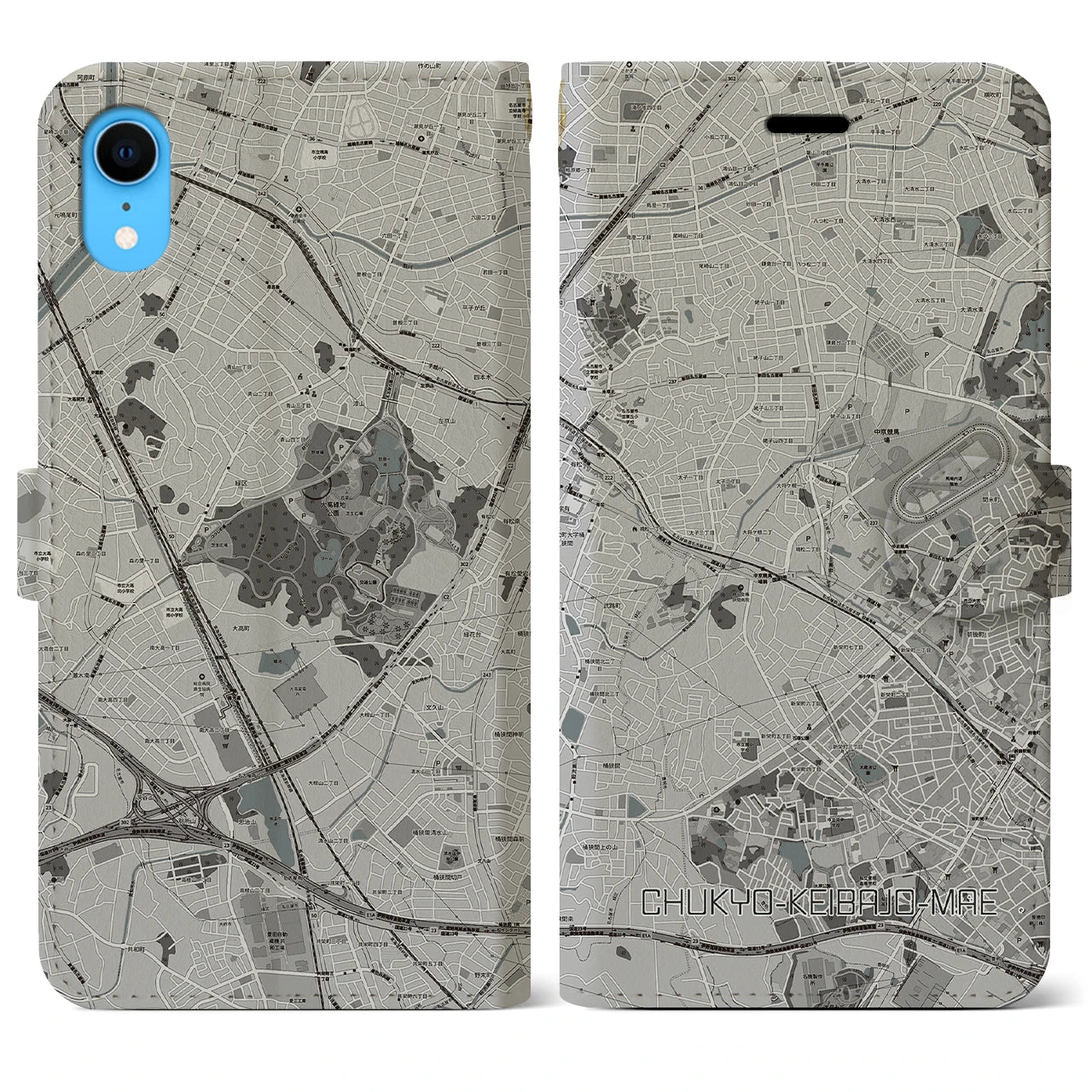 【中京競馬場前(愛知県)】地図柄iPhoneケース(手帳タイプ)モノトーン・iPhone XR 用
