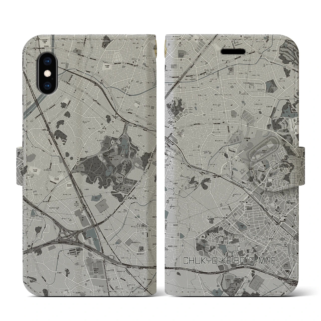 【中京競馬場前(愛知県)】地図柄iPhoneケース(手帳タイプ)モノトーン・iPhone XS / X 用