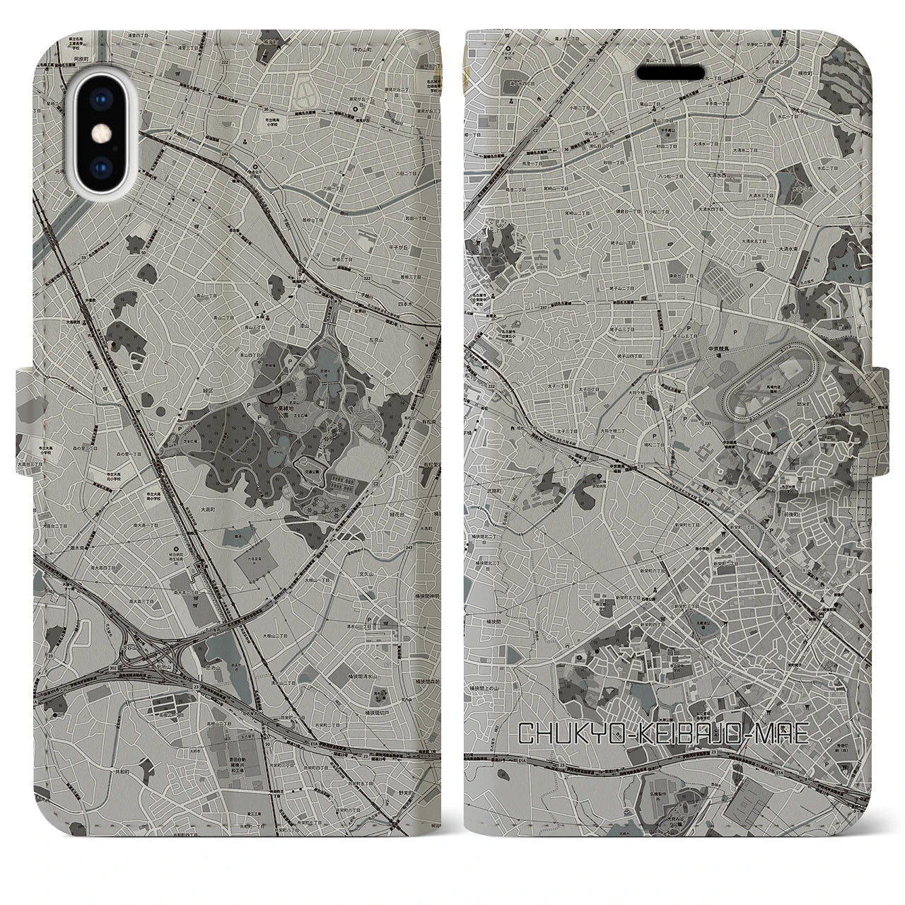 【中京競馬場前(愛知県)】地図柄iPhoneケース(手帳タイプ)モノトーン・iPhone XS Max 用