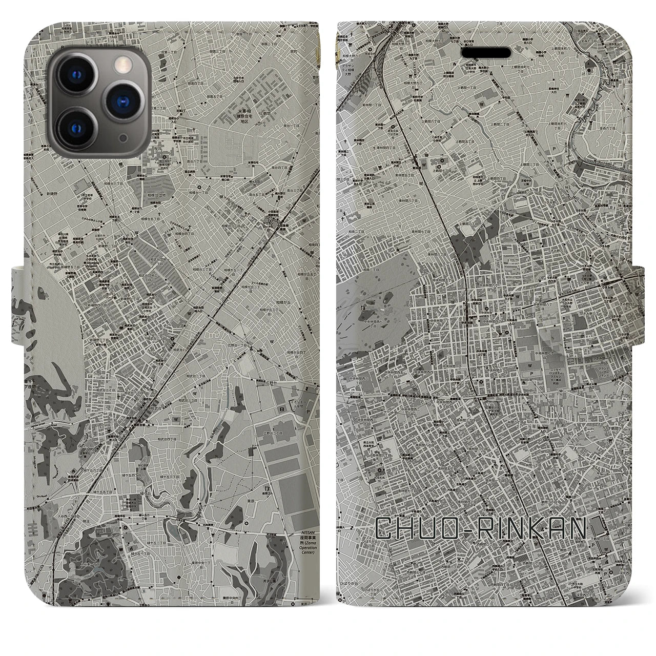 【中央林間(神奈川県)】地図柄iPhoneケース(手帳タイプ)モノトーン・iPhone 11 Pro Max 用