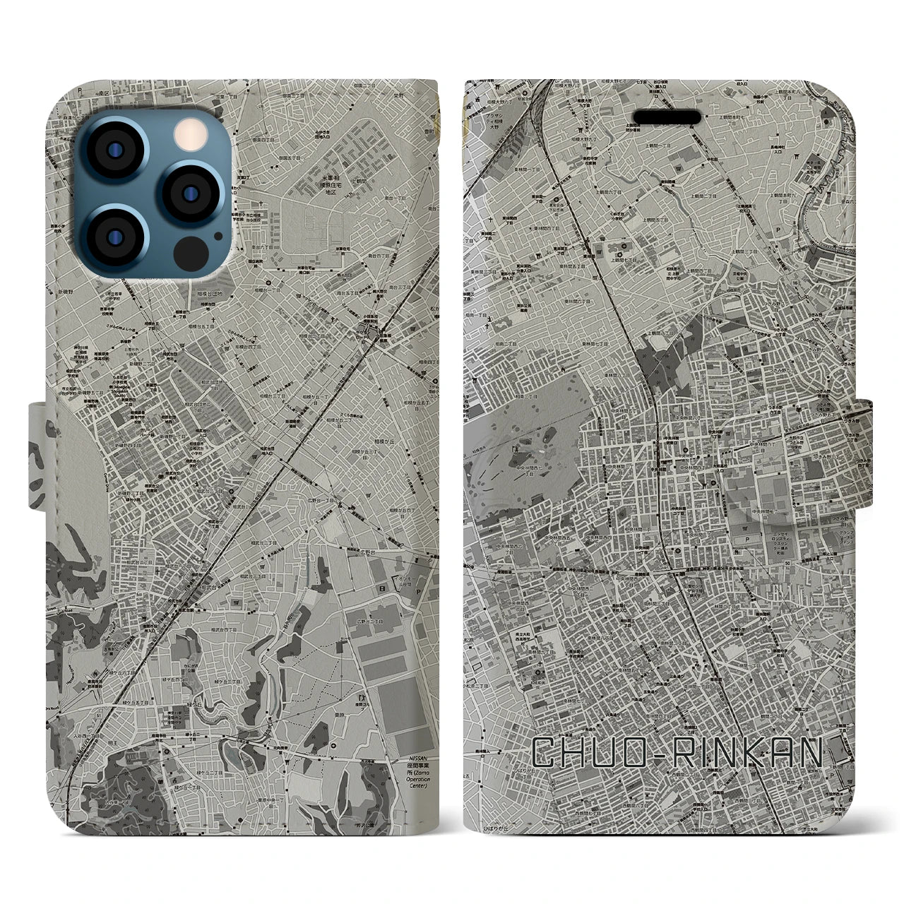 【中央林間(神奈川県)】地図柄iPhoneケース(手帳タイプ)モノトーン・iPhone 12 / 12 Pro 用