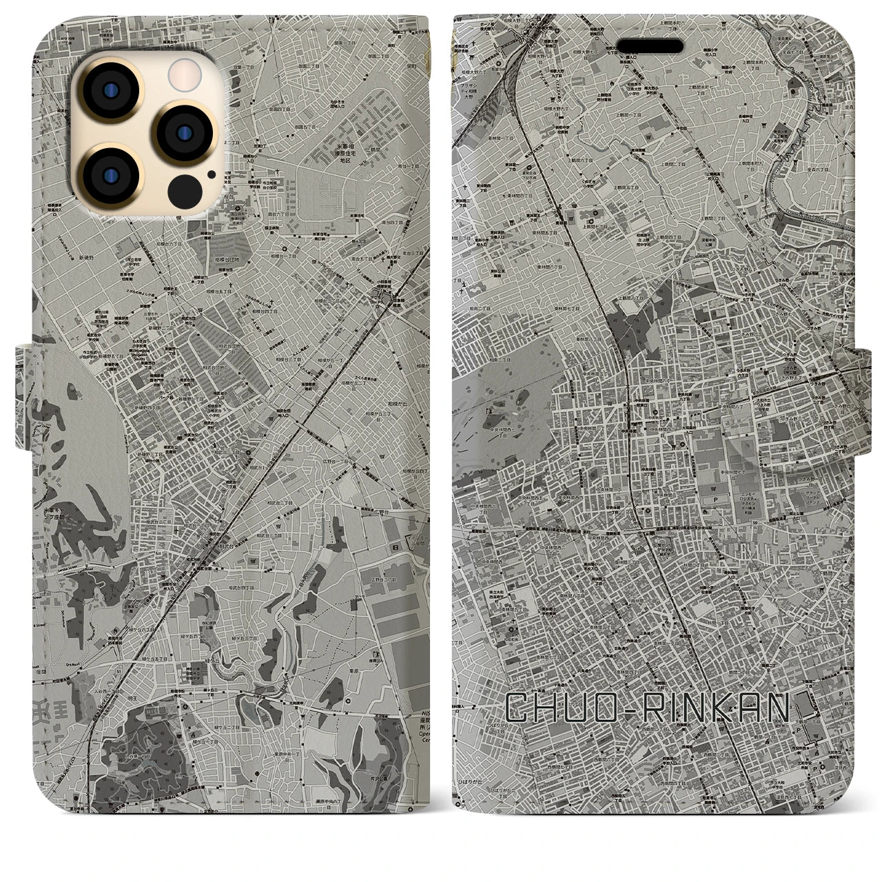 【中央林間(神奈川県)】地図柄iPhoneケース(手帳タイプ)モノトーン・iPhone 12 Pro Max 用