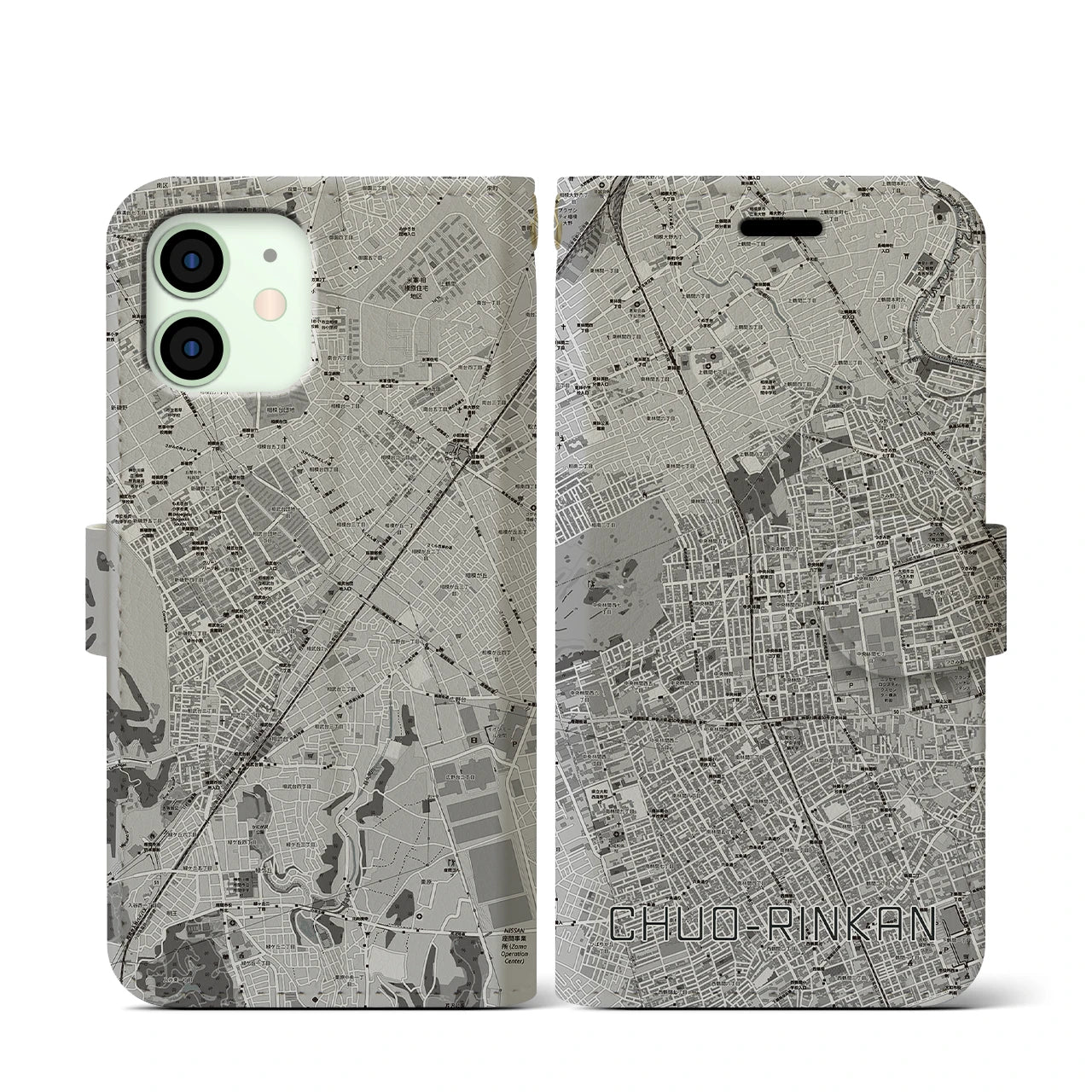 【中央林間(神奈川県)】地図柄iPhoneケース(手帳タイプ)モノトーン・iPhone 12 mini 用