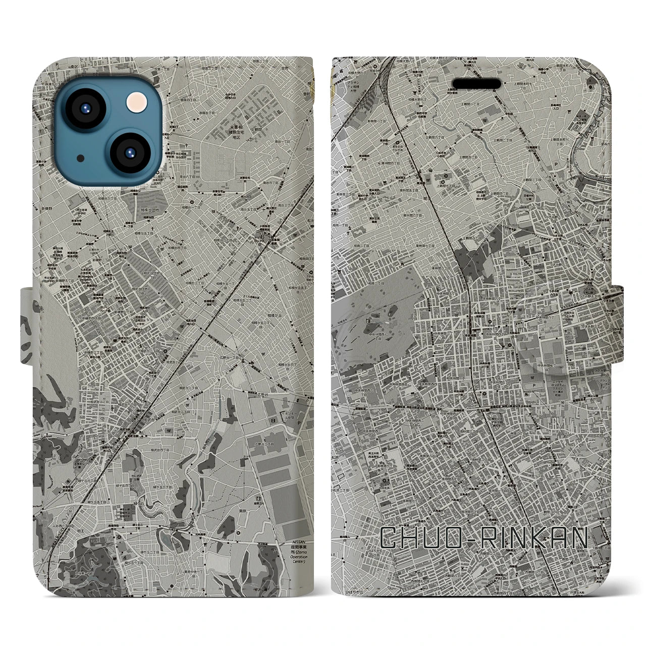 【中央林間(神奈川県)】地図柄iPhoneケース(手帳タイプ)モノトーン・iPhone 13 用