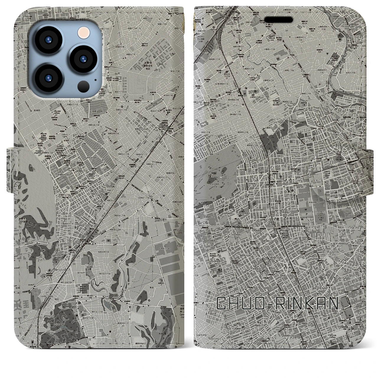 【中央林間(神奈川県)】地図柄iPhoneケース(手帳タイプ)モノトーン・iPhone 13 Pro Max 用