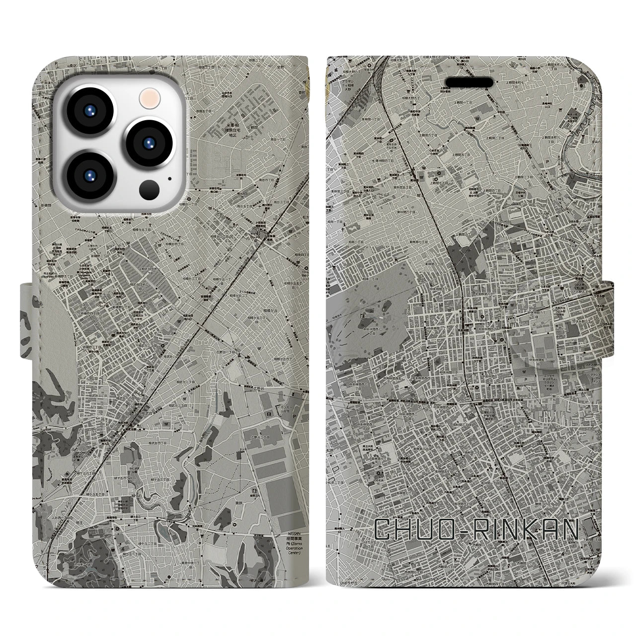 【中央林間(神奈川県)】地図柄iPhoneケース(手帳タイプ)モノトーン・iPhone 13 Pro 用