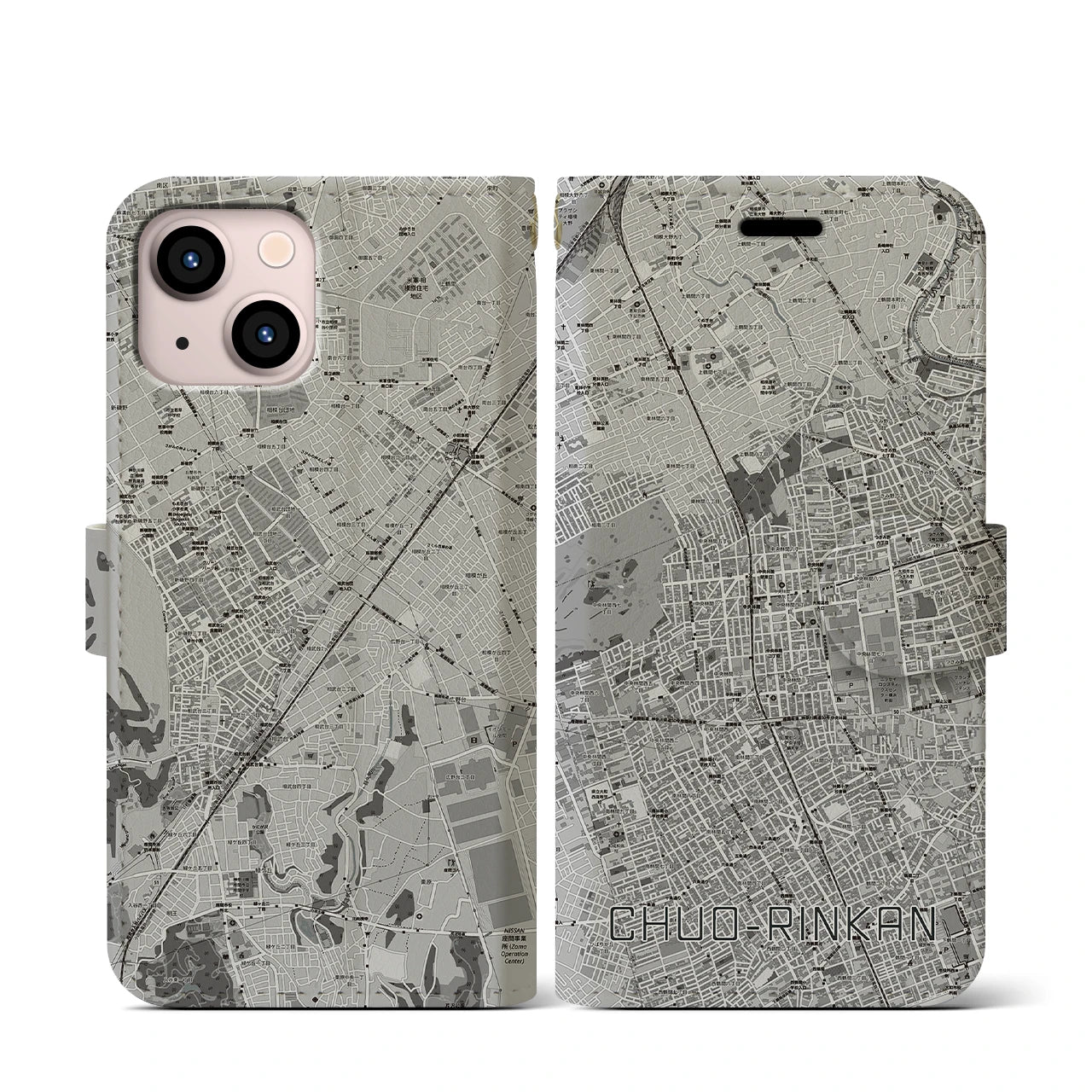 【中央林間(神奈川県)】地図柄iPhoneケース(手帳タイプ)モノトーン・iPhone 13 mini 用