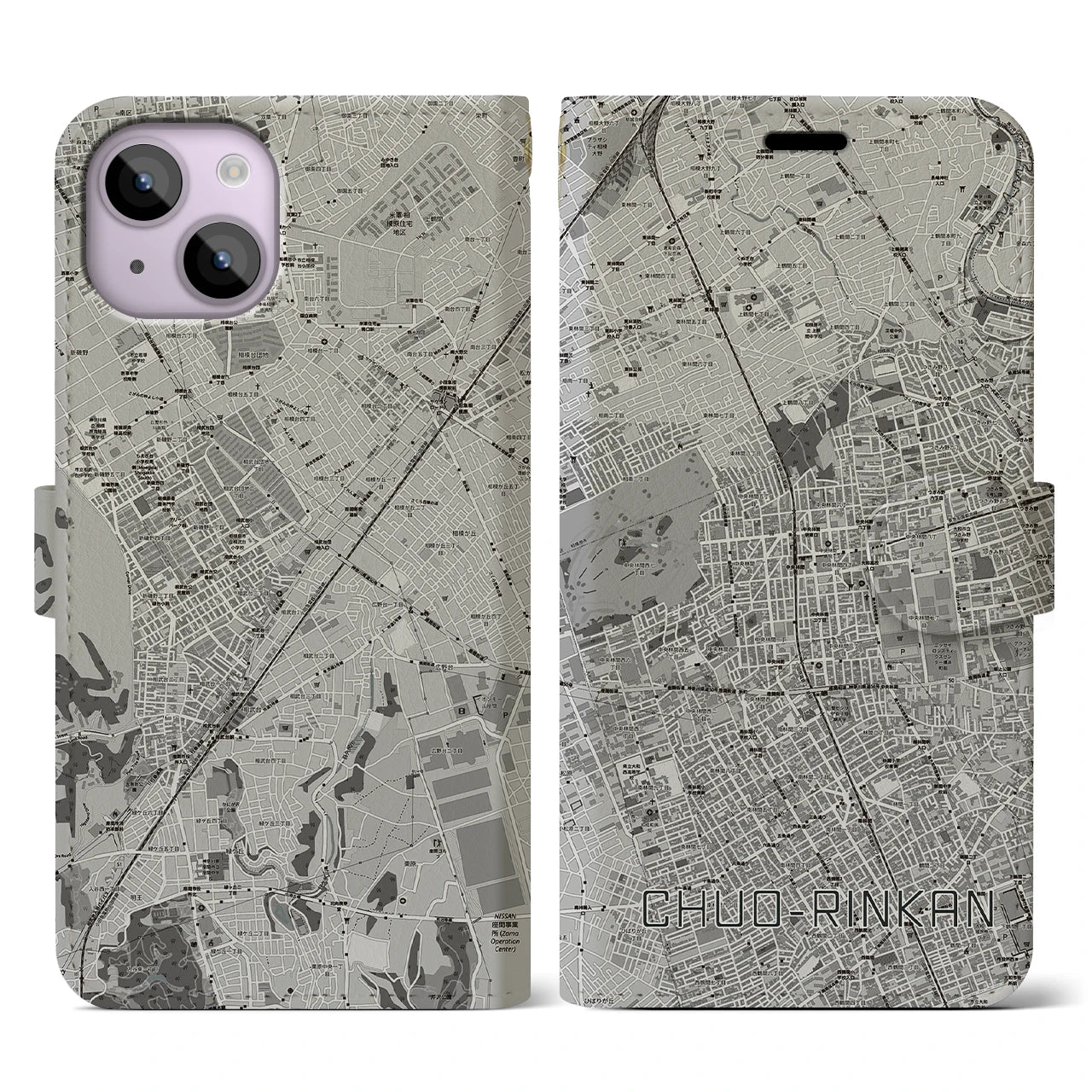 【中央林間(神奈川県)】地図柄iPhoneケース(手帳タイプ)モノトーン・iPhone 14 用