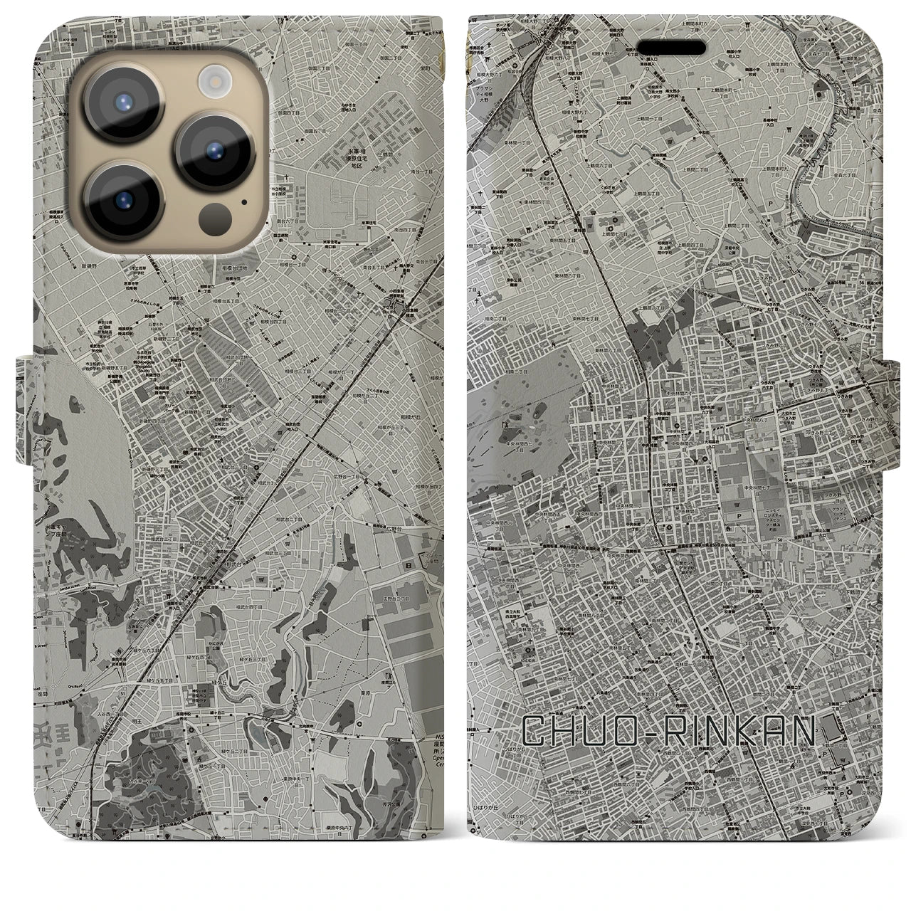 【中央林間(神奈川県)】地図柄iPhoneケース(手帳タイプ)モノトーン・iPhone 14 Pro Max 用