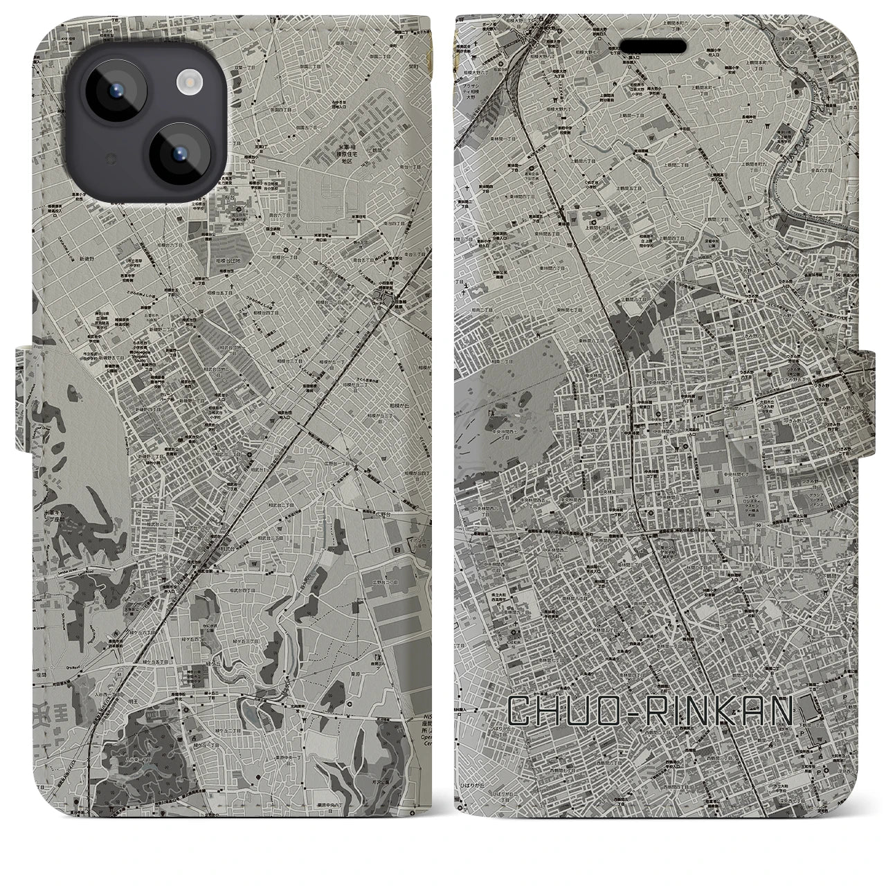 【中央林間(神奈川県)】地図柄iPhoneケース(手帳タイプ)モノトーン・iPhone 14 Plus 用