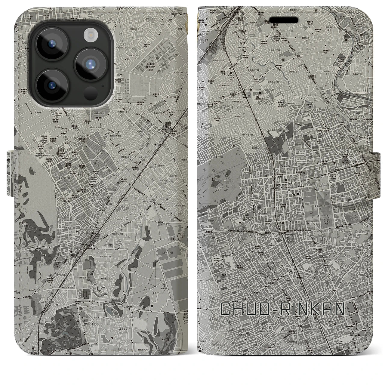 【中央林間(神奈川県)】地図柄iPhoneケース(手帳タイプ)モノトーン・iPhone 15 Pro Max 用