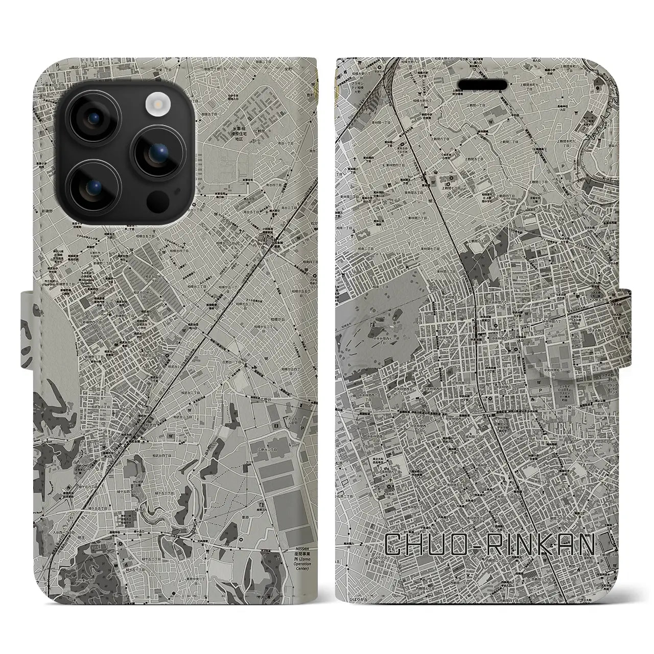 【中央林間(神奈川県)】地図柄iPhoneケース(手帳タイプ)モノトーン・iPhone 16 用