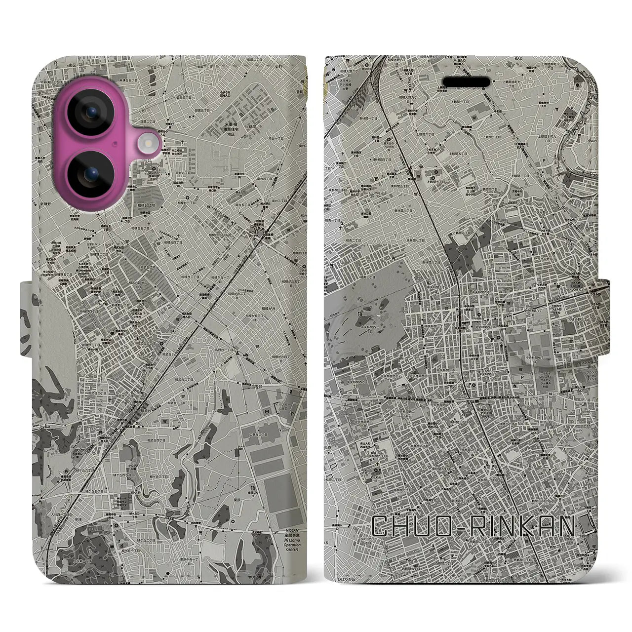 【中央林間(神奈川県)】地図柄iPhoneケース(手帳タイプ)モノトーン・iPhone 16 Pro 用
