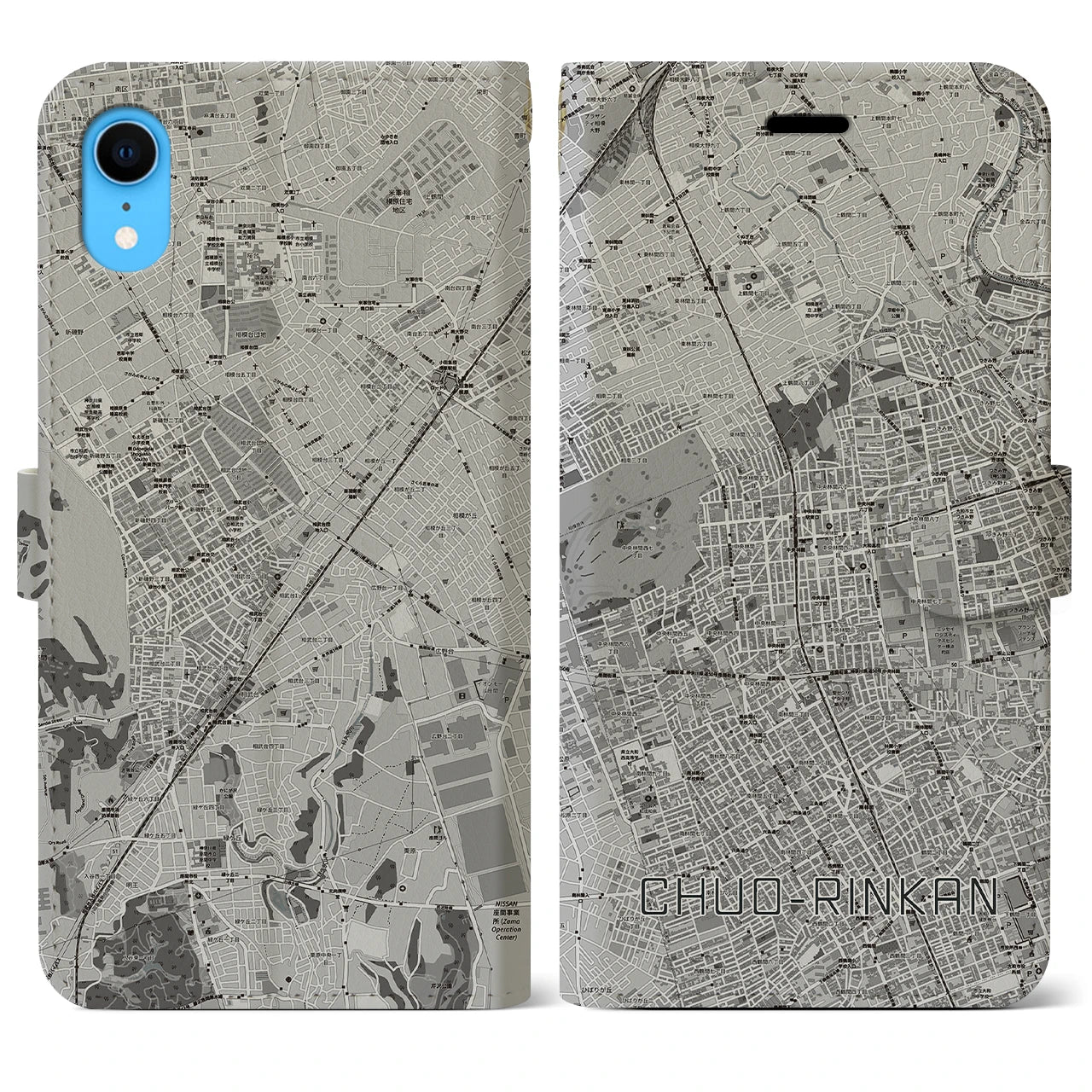 【中央林間(神奈川県)】地図柄iPhoneケース(手帳タイプ)モノトーン・iPhone XR 用